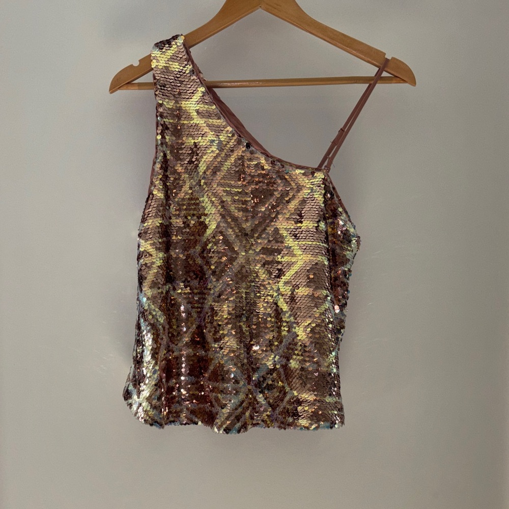 Free People Rose Gold Sequin One-Shoulder Camisole